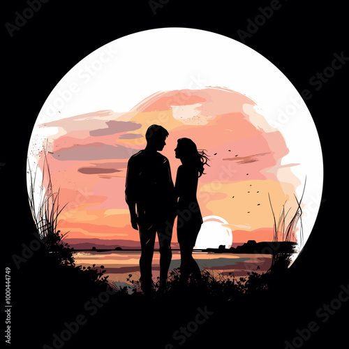 Romantic vector silhouette illustration of a couple standing together at sunset against a vibrant background

