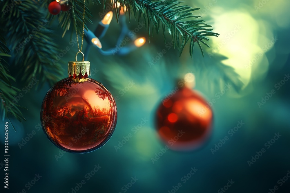Golden Christmas ornaments hanging from pine branches bathed in warm light capturing the essence of traditional festive decor with a soft glowing holiday atmosphere Golden Christmas ornaments hanging from pine branches bathed in warm light capturing the essence of traditional festive decor with a soft glowing holiday atmosphere