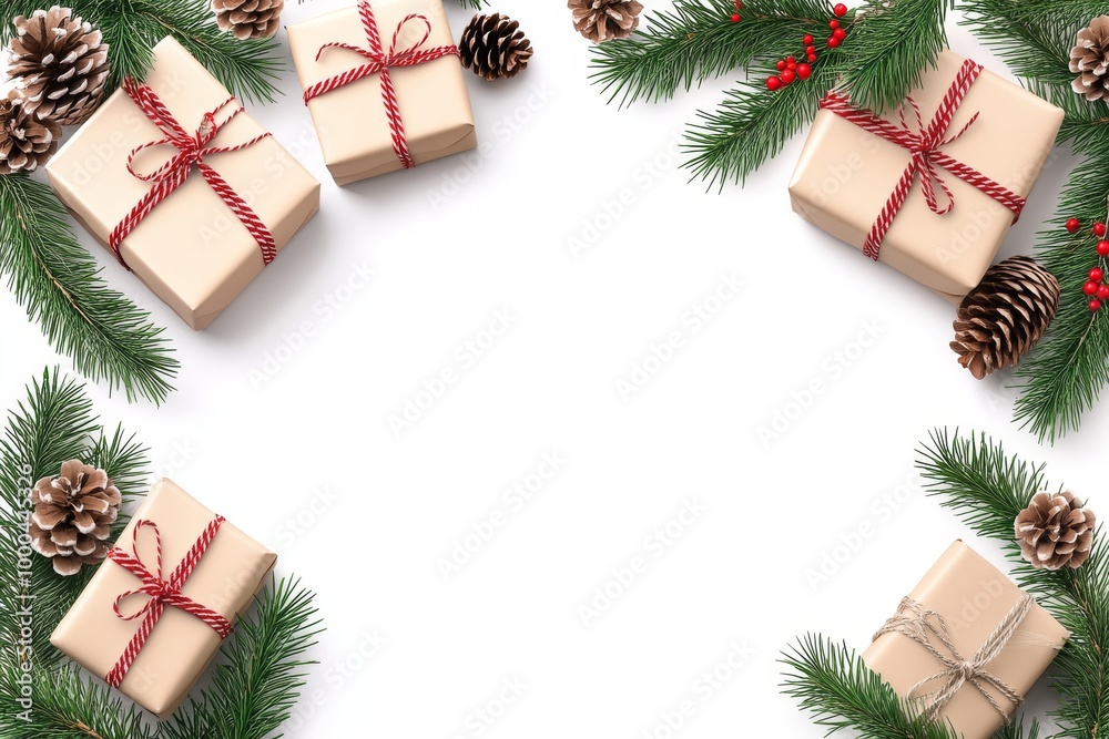 Circle of green pine branches with hanging white and gold Christmas ornaments set against a white background creating a minimalist holiday wreath with elegant seasonal decor Circle of green pine branches with hanging white and gold Christmas ornaments set against a white background creating a minimalist holiday wreath with elegant seasonal decor