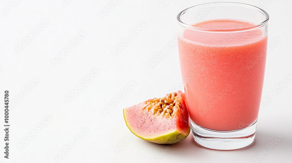 A glass of guava smoothie with guava slices on solid white background, single object