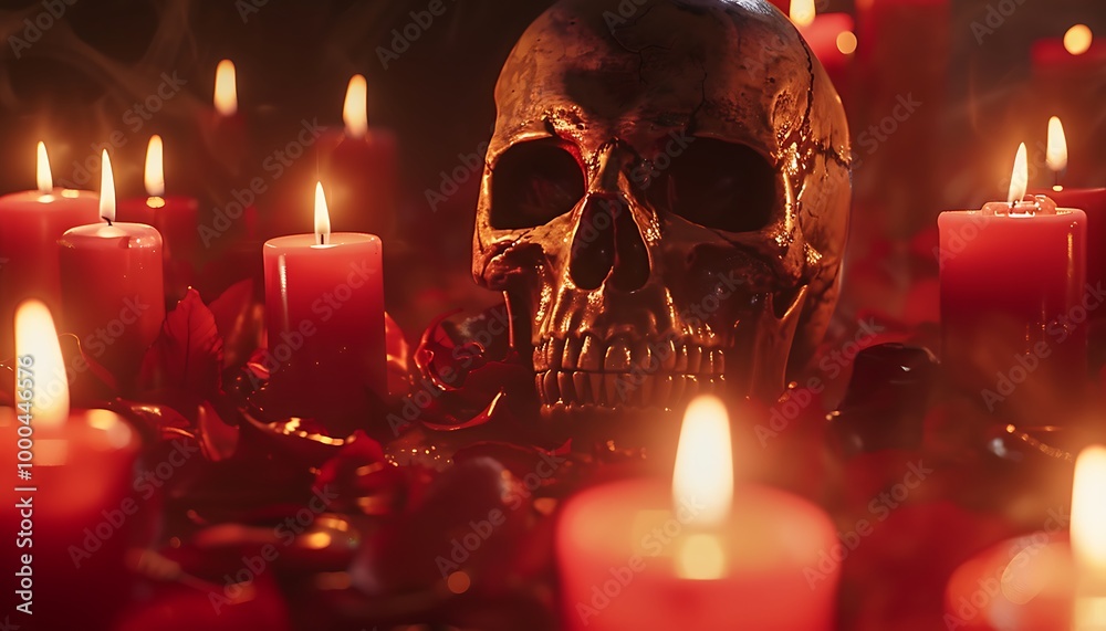 A human skull surrounded by burning red candles and rose petals in a dark mysterious setting. A human skull surrounded by burning red candles and rose petals in a dark mysterious setting.