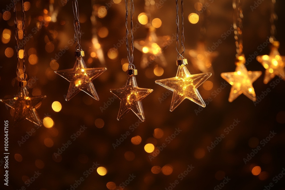 Glowing golden Christmas stars hanging from a string set against a bokeh backdrop emphasizing the sparkle and festive charm of holiday decor with a warm seasonal glow Glowing golden Christmas stars hanging from a string set against a bokeh backdrop emphasizing the sparkle and festive charm of holiday decor with a warm seasonal glow
