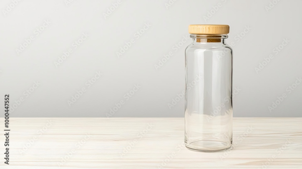 Empty glass bottle with wooden lid on white background Empty glass bottle with wooden lid on white background
