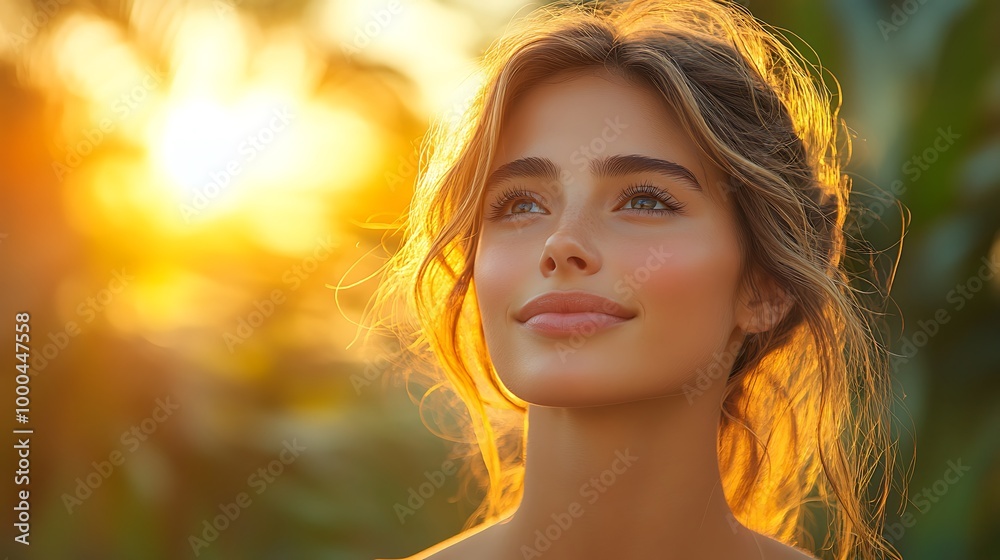 Beautiful Woman with Golden Light Hair Looking Up at Sunset
