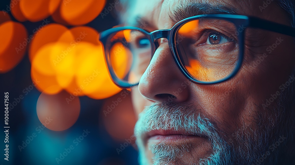 Close up portrait of an older man looking thoughtfully off camera with orange bokeh in background Close up portrait of an older man looking thoughtfully off camera with orange bokeh in background