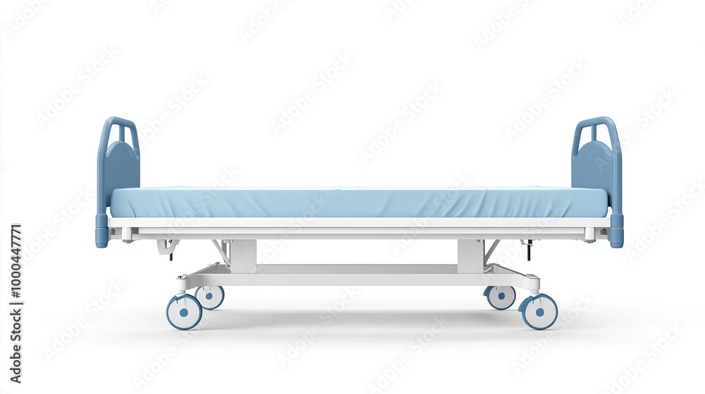Modern hospital bed with blue headboard and wheels. Modern hospital bed with blue headboard and wheels.