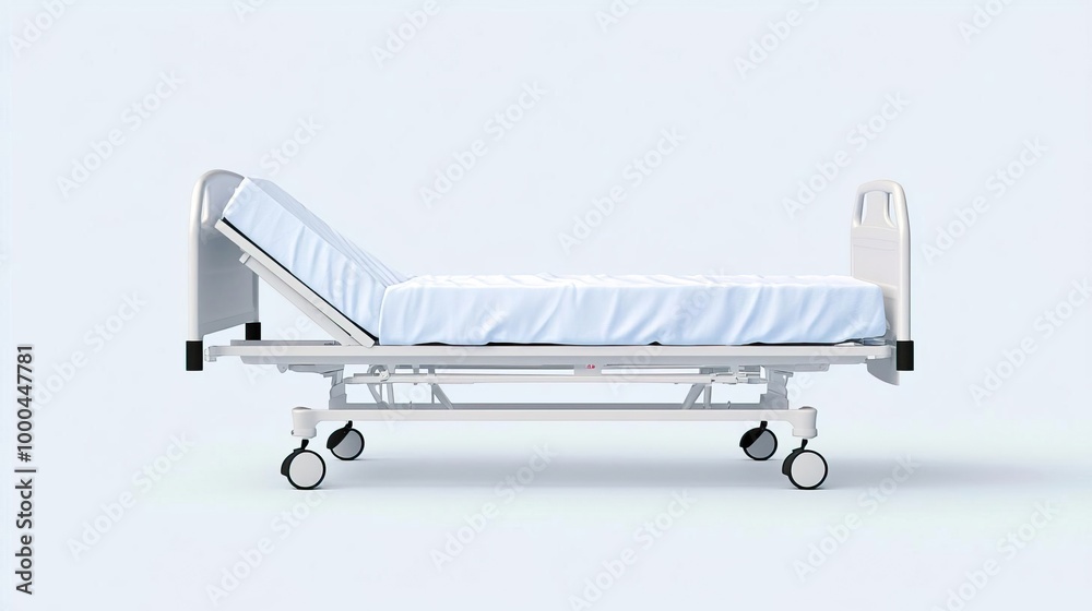 Modern hospital bed with blue headboard and wheels. Modern hospital bed with blue headboard and wheels.