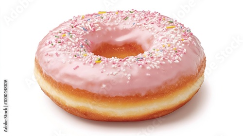 A doughnut with sprinkles on solid white background, single object