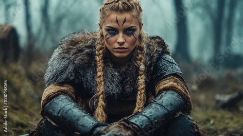 A woman in a viking costume sitting in the woods. photo