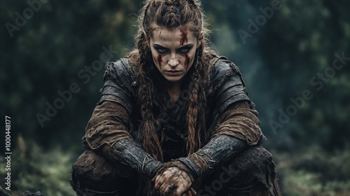 A woman with blood on her face crouching down in the woods.