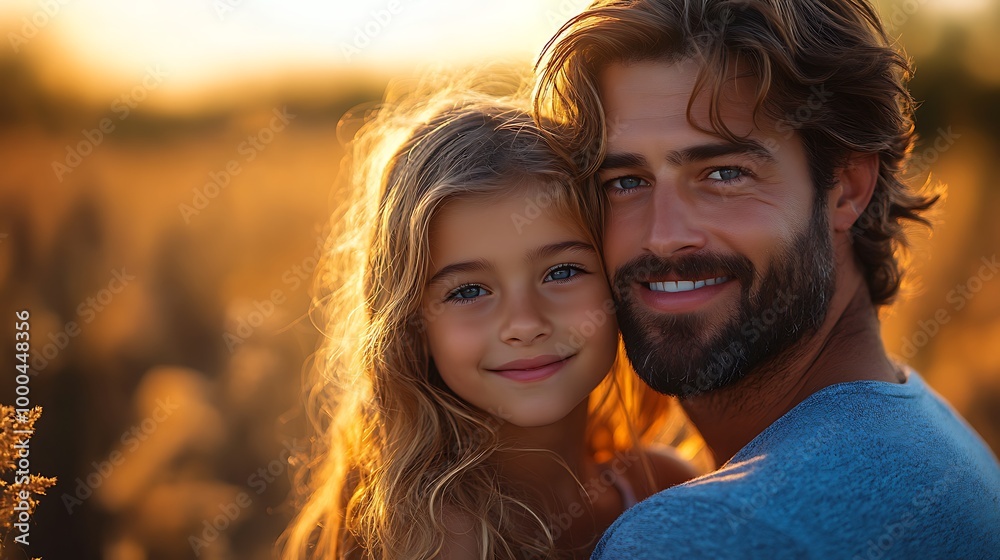 Happy father and daughter embracing in a field at sunset. Portrait of love, family, and togetherness.
