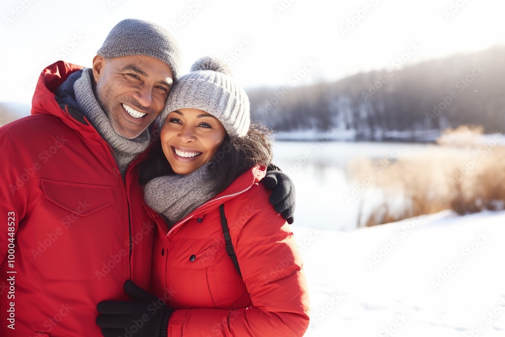 A couple in red jackets and hats are smiling for the camera A couple in red jackets and hats are smiling for the camera