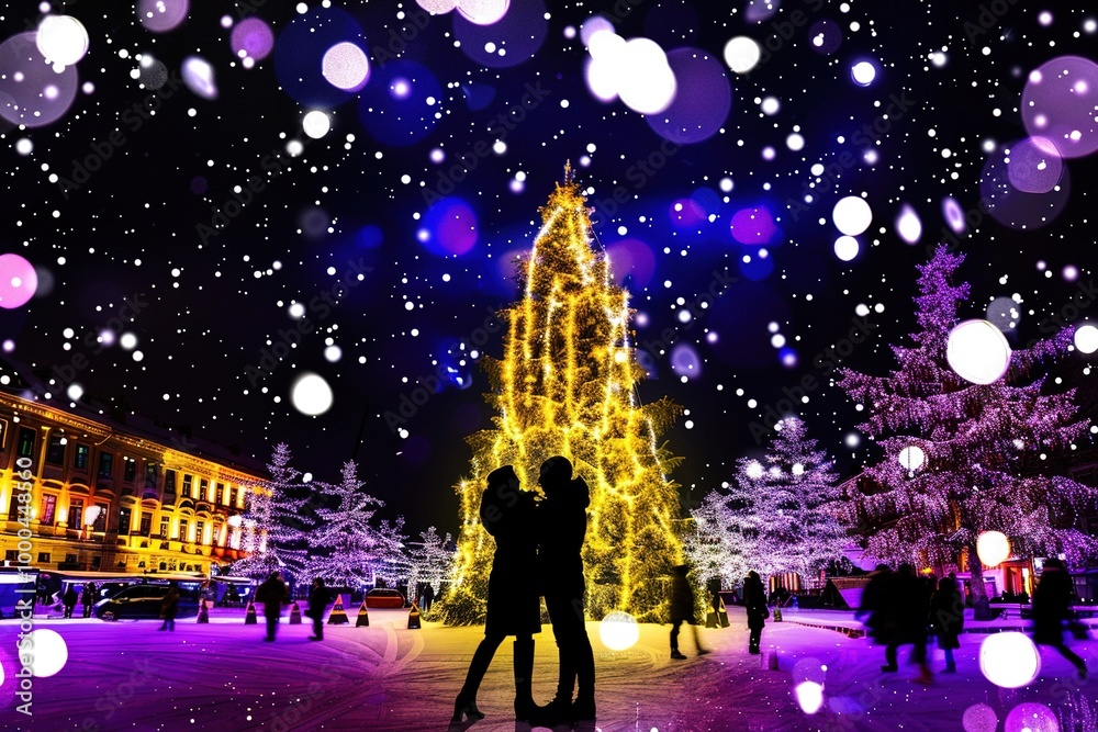 Obraz premium A couple is kissing in front of a Christmas tree