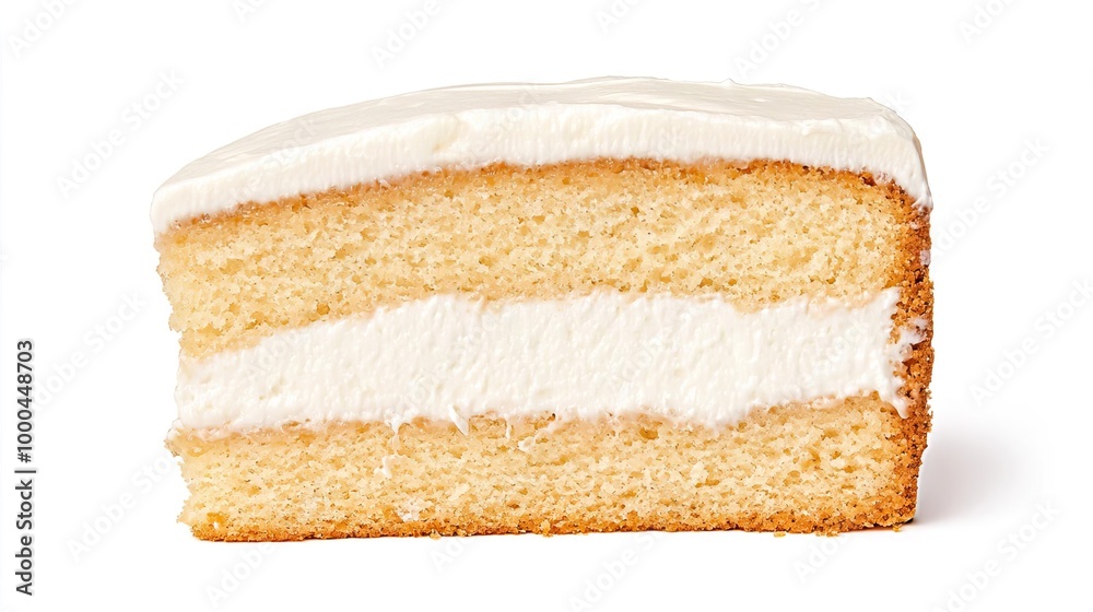 Fototapeta premium A slice of tres leches cake on solid white background, single object