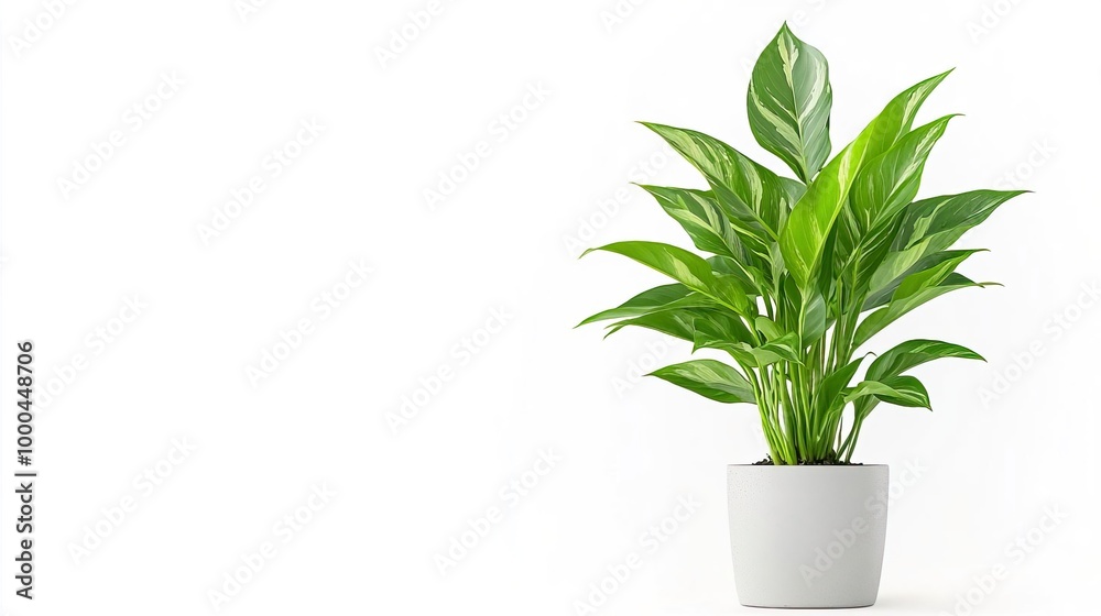 Fototapeta premium A variegated Aglaonema in a square pot on solid white background, single object
