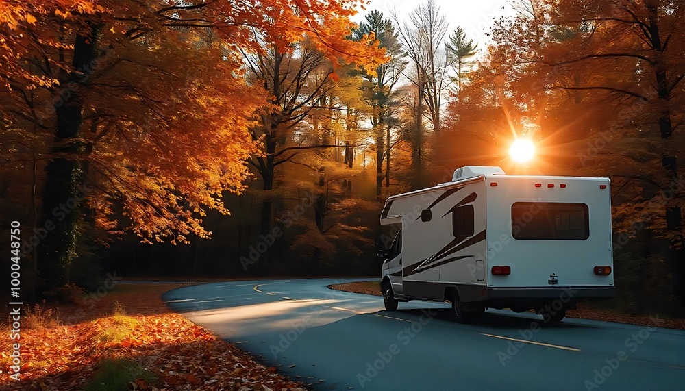 RV ON ROAD IN FALL COLORS IN VERMONT, RV parked on empty road surrounded by autumn foliage, with the sun shining through the trees illustration created with generative ai RV ON ROAD IN FALL COLORS IN VERMONT, RV parked on empty road surrounded by autumn foliage, with the sun shining through the trees illustration created with generative ai