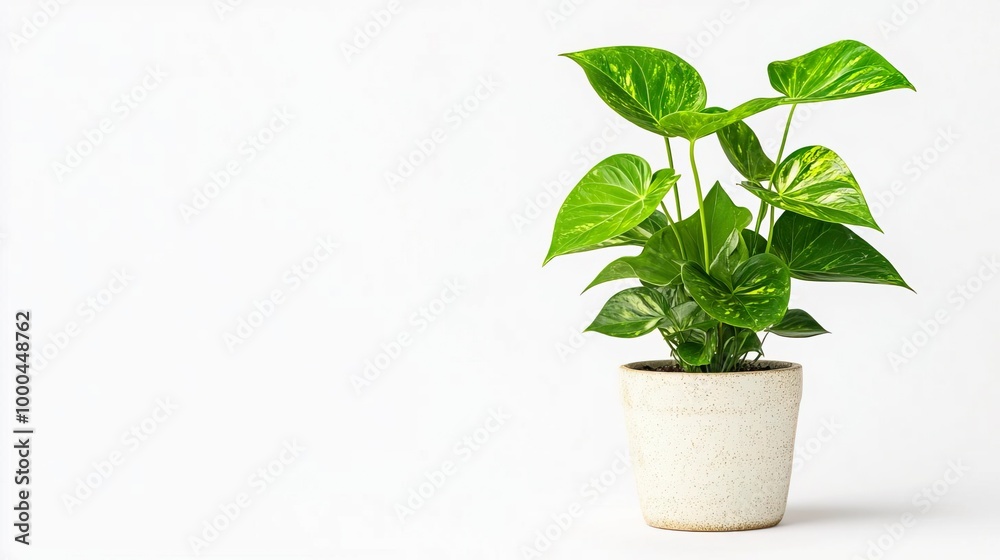 A variegated Anthurium in a decorative pot on solid white background, single object