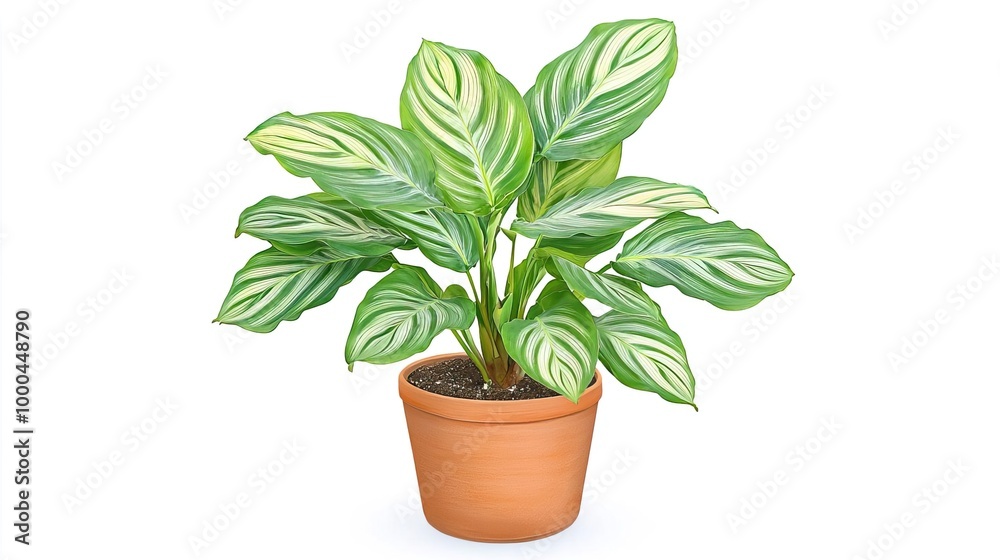 A variegated Calathea in a clay pot on solid white background, single object A variegated Calathea in a clay pot on solid white background, single object