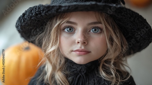 A young girl wearing a black hat and a black dress.