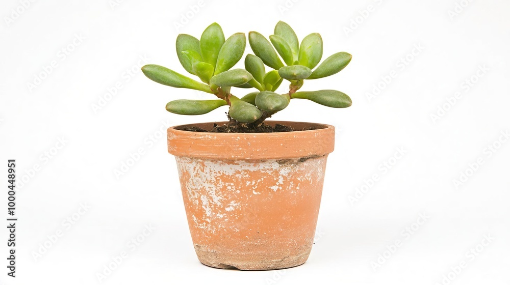 A variegated Jade plant in a small clay pot on solid white background, single object A variegated Jade plant in a small clay pot on solid white background, single object