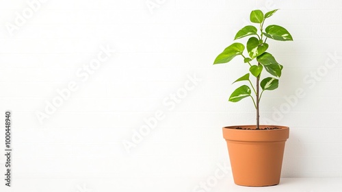 A variegated Ivy in a wall-mounted pot on solid white background, single object photo