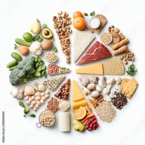 A colorful arrangement of various food items in a circular layout, showcasing fruits, vegetables, grains, dairy, and proteins for a balanced diet.