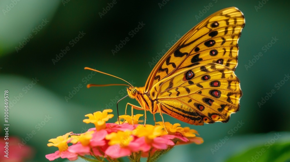 Obraz premium A vibrant yellow butterfly with black spots perched on colorful flowers, showcasing the beauty of nature and pollination in a lush garden setting.