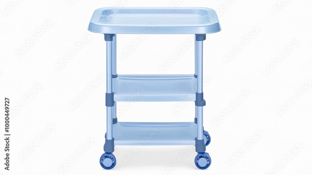 Blue rolling utility cart with three shelves. Blue rolling utility cart with three shelves.