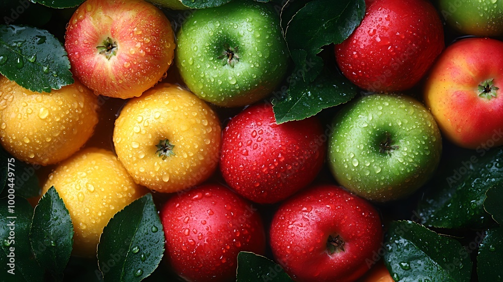 Fresh Red Green and Yellow Apples with Water Drops and Leaves Fresh Red Green and Yellow Apples with Water Drops and Leaves