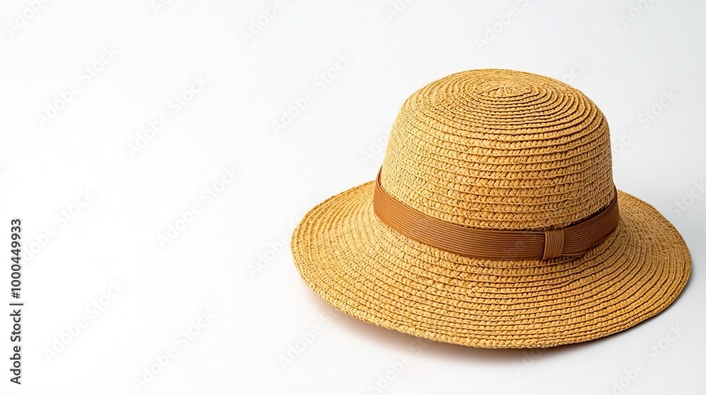Straw hat with brown ribbon on white background Straw hat with brown ribbon on white background