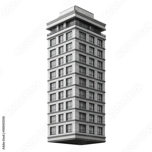 Tall building with multiple windows, white isolated background transparent background