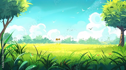 Adorable Cartoon Grassland Background: A Charming and Whimsical Scene. Delight in the Colorful and Fun Atmosphere