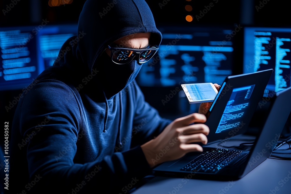 Hacker downloading sensitive data, with files streaming into a device, while security warnings and system alerts appear across screens in a dark room Hacker downloading sensitive data, with files streaming into a device, while security warnings and system alerts appear across screens in a dark room