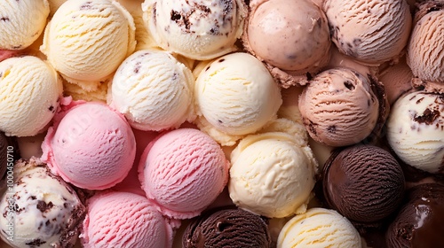 Close-up of assorted ice cream scoops in different flavors, including chocolate, vanilla, strawberry, and cookies and cream.