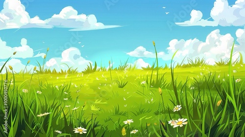 Adorable Cartoon Grassland Background: A Charming and Whimsical Scene. Delight in the Colorful and Fun Atmosphere