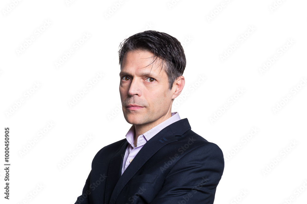Middle-aged man looking at camera, three-quarter profile, on white background, wearing formal clothes. Middle-aged man looking at camera, three-quarter profile, on white background, wearing formal clothes.