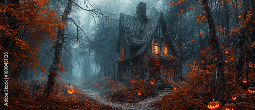 Spooky mansion in dark forest at night in autumn, old wood house and scary pumpkins like in horror movie. Concept of Halloween, fantasy, banner, photo