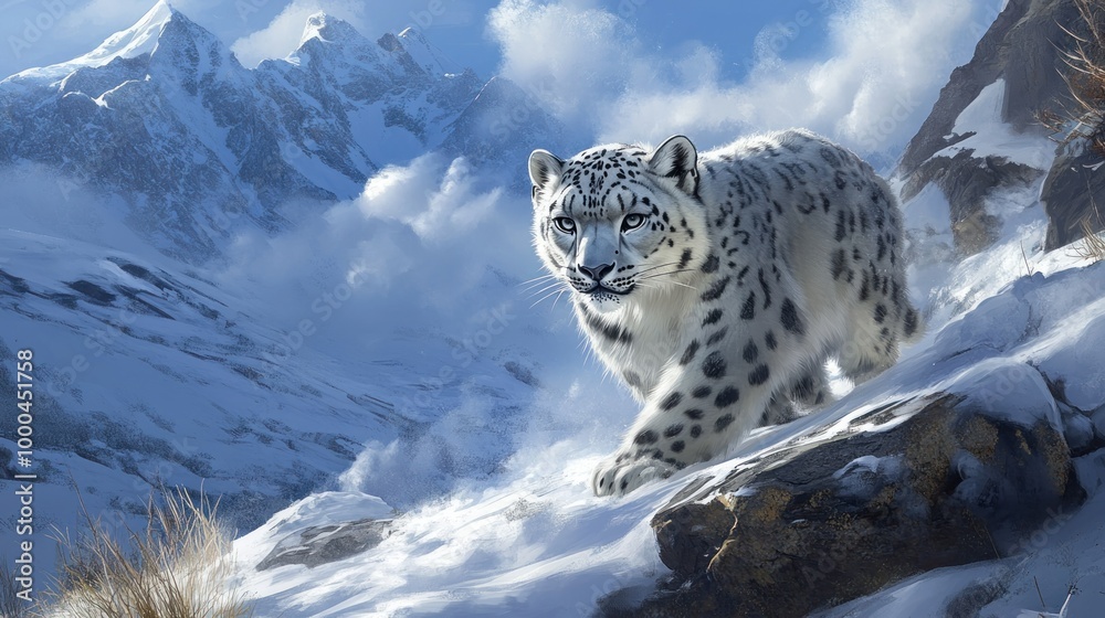 A Snow Leopard Stalking Through a Snowy Mountain Landscape A Snow Leopard Stalking Through a Snowy Mountain Landscape