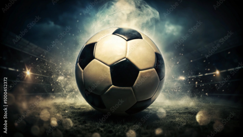 Fototapeta premium A close-up of a soccer ball on a field with smoke and stadium lights in the background.