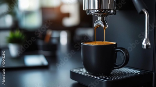 Espresso pouring into black mug from coffee machine photo