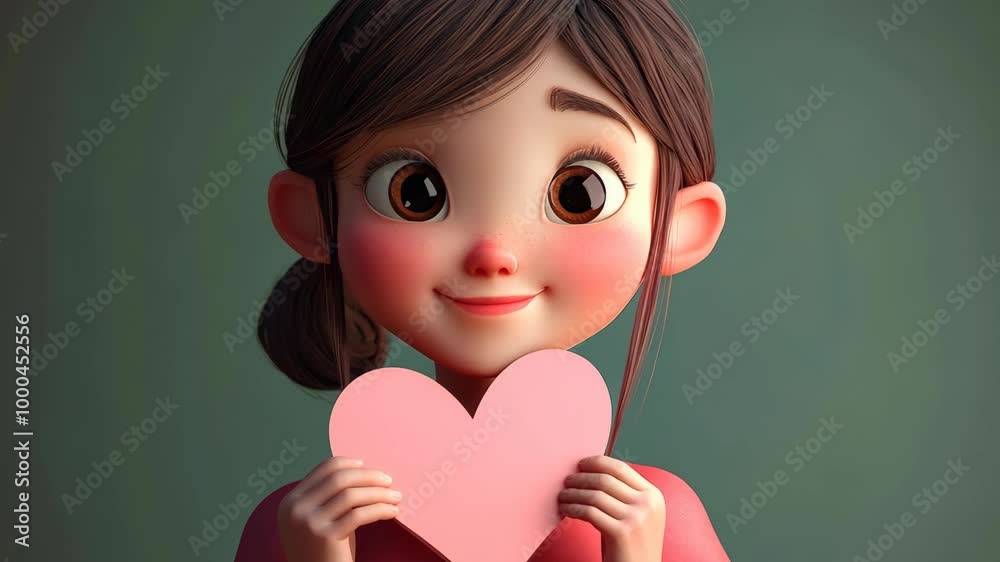 A smiling cartoon girl holds a pink heart in front of a green background