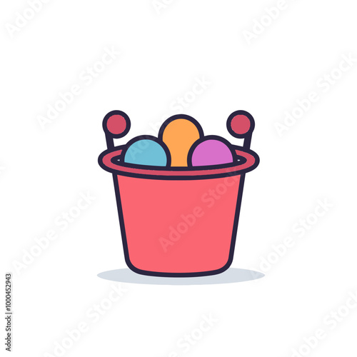 Colorful vector icon of a bucket filled with cheerful balls on a white background
