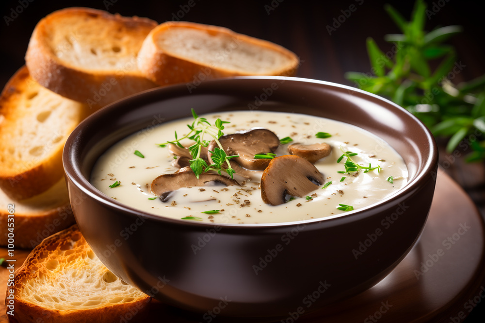 Cream of mushroom soup served in a dark brown ceramic bowl, garnished with fresh herbs and slices of mushrooms with toasted bread in the background. Horizontal, close-up, side view. Cream of mushroom soup served in a dark brown ceramic bowl, garnished with fresh herbs and slices of mushrooms with toasted bread in the background. Horizontal, close-up, side view.