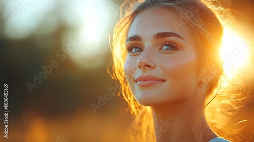 Smiling woman looking at the sun with golden light in the background