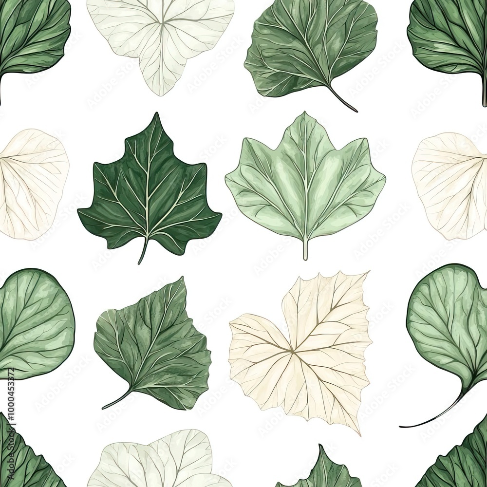 Leaf seamless patterns with intricate vein details and rich greens, ideal for organic textiles. Leaf seamless patterns with intricate vein details and rich greens, ideal for organic textiles.