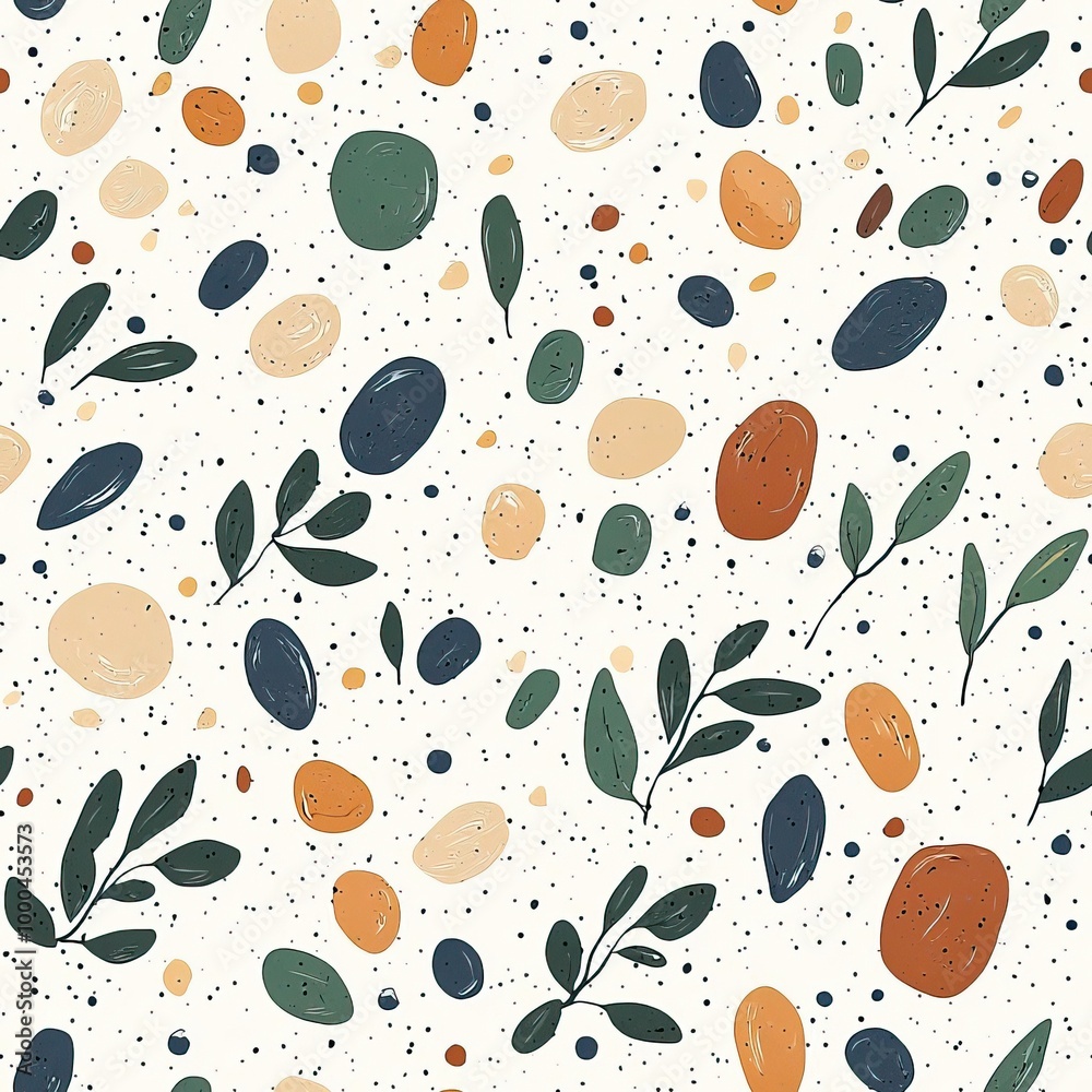 Abstract seamless pattern with leaves, dots and shapes. Abstract seamless pattern with leaves, dots and shapes.