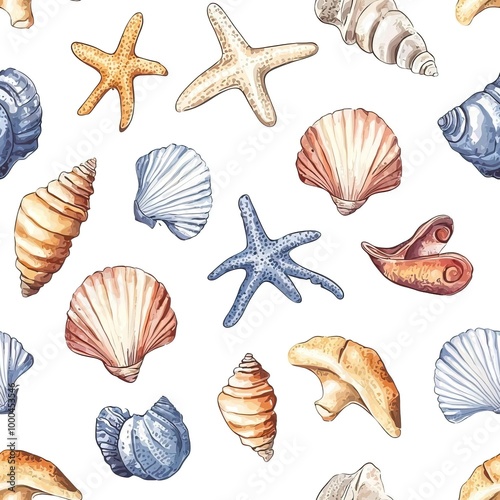 Seamless pattern with seashells, leaves, and blue background.