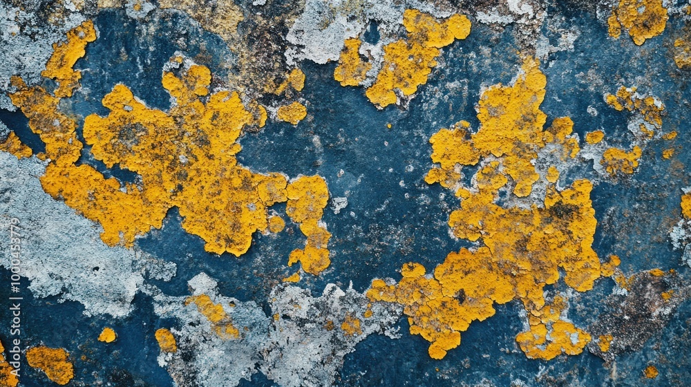 Yellow and Gray Lichen on a Dark Blue Surface Yellow and Gray Lichen on a Dark Blue Surface