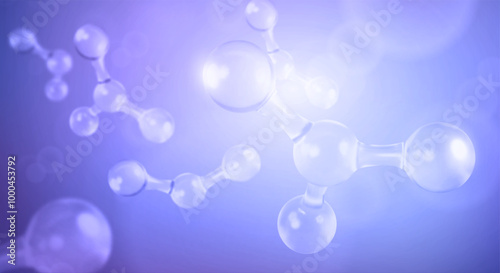 3D molecules or atoms on light blue background. Concept of biochemical, pharmaceutical, beauty, medical. Science or medical. Vector 3d illustration