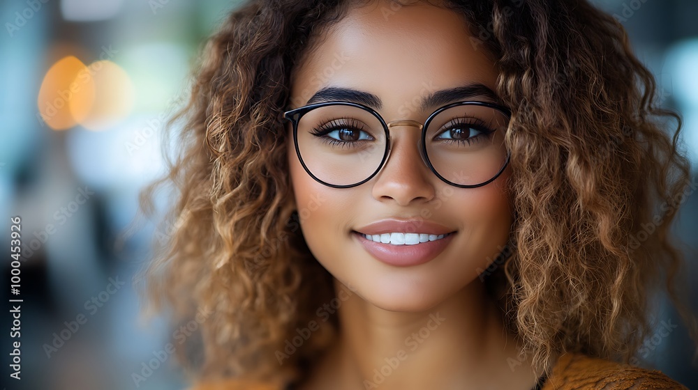Smiling young woman with curly hair and glasses looking at camera Smiling young woman with curly hair and glasses looking at camera
